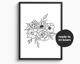 Anpassad blombukett för familjen | Blomtatueringsdesign för födelse | Blommig linjekonsttryck för födelsemånad | Digital JPG, PNG, SVG