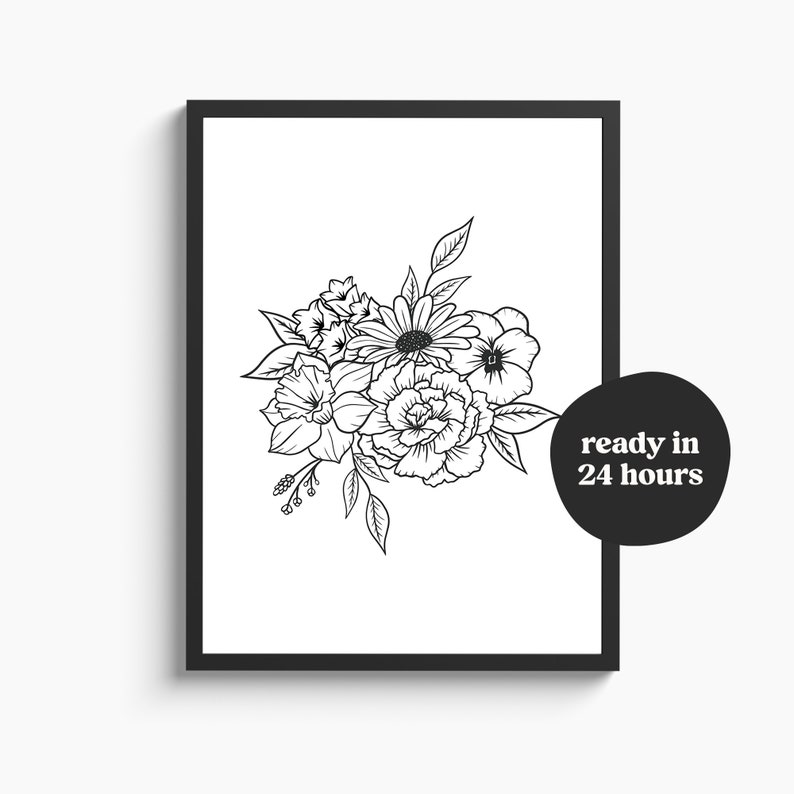 May include: Black and white floral line art print in a black frame. The artwork features a detailed illustration of various flowers and leaves. A black circle with the text "ready in 24 hours" is on the right side.
