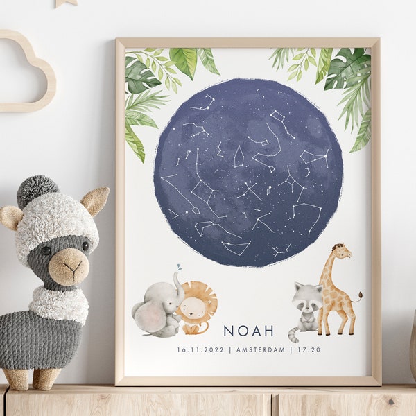 Personalized star map poster jungle | Custom star map birth gift | Maternity gift baby | Personalized birth poster date | Digital download