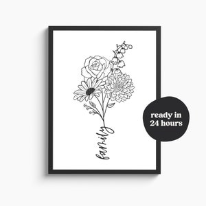 Anpassad familjeblombukett med text för födelse | Födelseblomma-tatueringsdesign | Blommig linjekonsttryck | Digital JPG, PNG, SVG bild 1