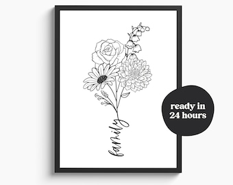 Custom Family Birth Flower Bouquet with Text | Birth flower tattoo design | Floral line art print | Digital JPG, PNG, SVG