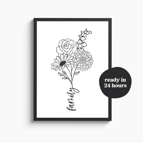 Aangepaste familie geboorte bloem boeket met tekst | Geboorte bloem tattoo ontwerp | Bloemen lijn art print | Digitaal JPG, PNG, SVG
