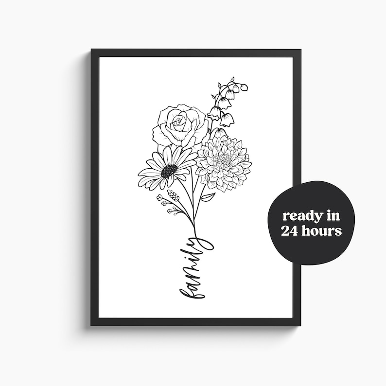 Anpassad familjeblombukett med text för födelse | Födelseblomma-tatueringsdesign | Blommig linjekonsttryck | Digital JPG, PNG, SVG bild 1