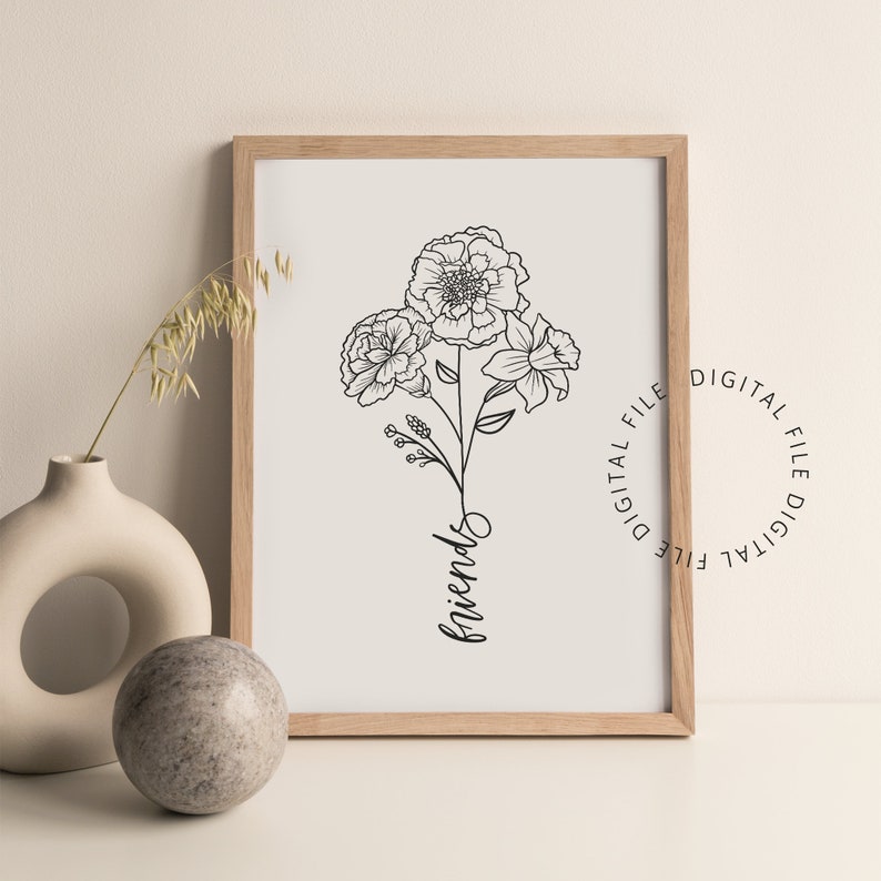 Anpassad familjeblombukett med text för födelse | Födelseblomma-tatueringsdesign | Blommig linjekonsttryck | Digital JPG, PNG, SVG bild 2