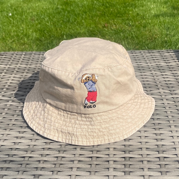 Vintage Polo Bear Golf Bear Bucket Hat, Hat, Everyday Cotton Bucket Hat Unisex Trendy Outdoor Hot Fun Summer Beach Vacation Getaway Headwear