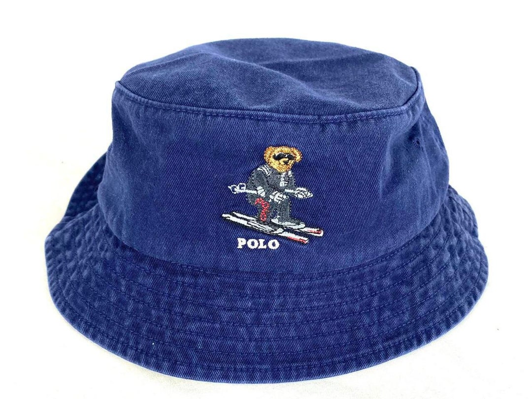 Vintage Polo Bear Skiing Bear Bucket Hat, Everyday Cotton Bucket