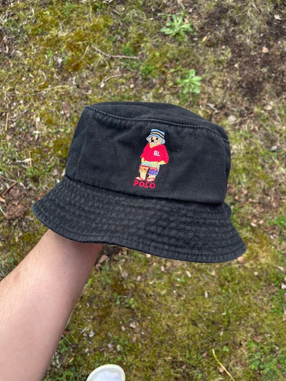 Vintage Polo Bear Fishing Bear Bucket Hat, Everyday Cotton Bucket Hat  Unisex Trendy Outdoor Hot Fun Summer Beach Vacation Headwear 