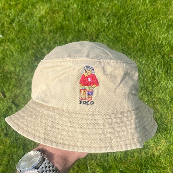 Vintage Polo Bear Fishing Bear Bucket Hat, Everyday Cotton Bucket Hat Unisex Trendy Outdoor Hot Fun Summer Beach Vacation Headwear