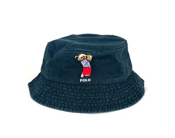 Vintage Polo Bear Golf Bear Bucket Hat, Hat, Everyday Cotton Bucket Hat Unisex Trendy Outdoor Hot Fun Summer Beach Vacation Getaway Headwear