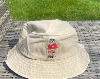 Vintage Polo Bear Fishing Bear Bucket Hat, Everyday Cotton Bucket Hat unisex Trendy Outdoor Hot Fun Summer Beach Vacation Headwear
