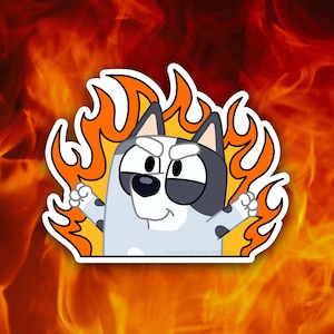 May include: A cartoon dog with black and white fur is shown with a fierce expression. The dog is surrounded by flames, which are outlined in white. The text "Copyright ChertheLight Designs" is at the bottom of the image.
