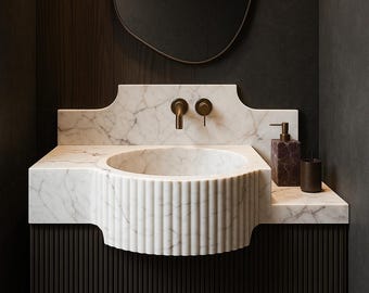 Fregadero de mármol blanco de Carrara con protector contra salpicaduras, fregadero rectangular de mármol, fregadero de mármol para montaje en pared, lavabo de mármol a medida.
