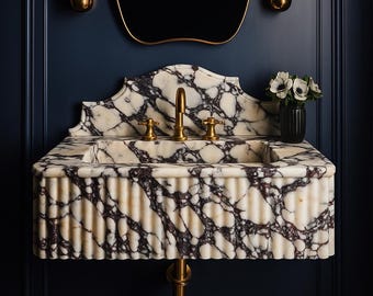 Calacatta Viola Marble Sink With Ribbed on Three Side, Marble Sink, Custom Order Marble Sink, Hand Carved Marble Sink, Wall Mount Sink