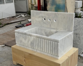 Carrara White Marble Bathroom Sink with Backsplash: Wall Mounted Vanity Top