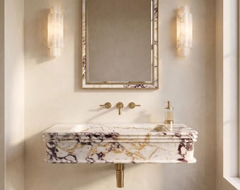 Calacatta Viola Marble Wall Mounted Sink – 30" x 16" x 8" – Handcrafted Luxury Floating Stone Washbasin