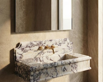 Calacatta Viola Marble Sink With Backsplash, Wall Mount Marble Sink, Custom Marble Sink, Hand Carved Marble Wash Basin, Luxury Bathroom Sink