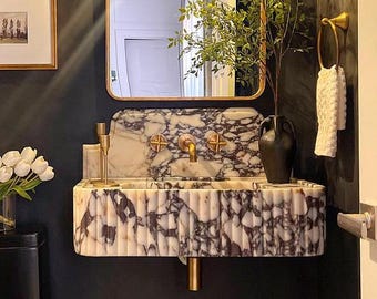 Calacatta Viola Marble Sink: Ribbed Wall Mount Vanity, Custom Order
