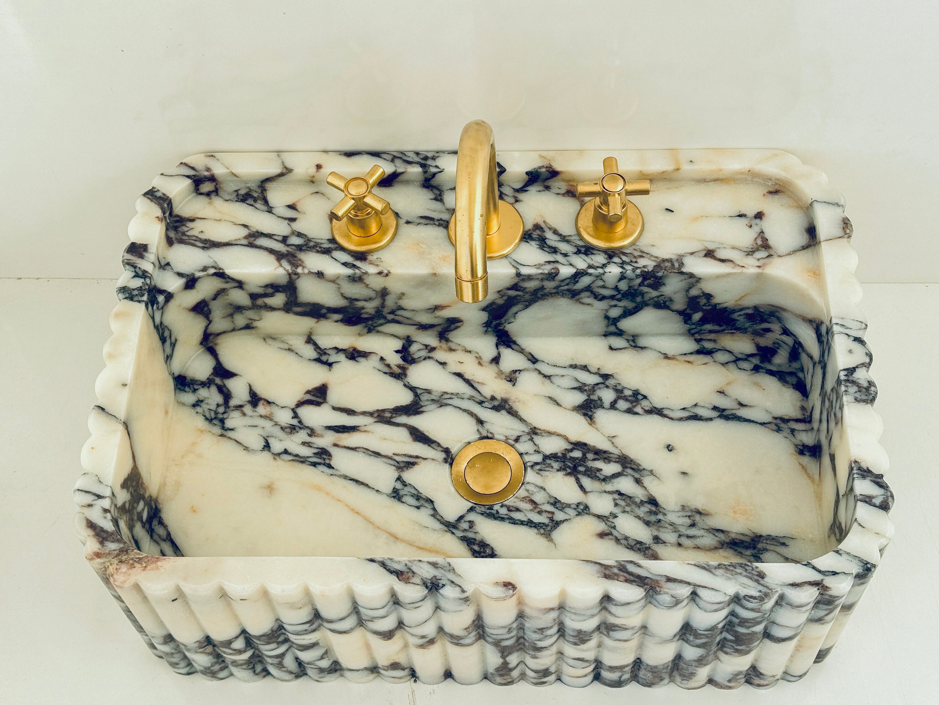Calacatta Viola Marble Sink: Ribbed Wall Mount Wash Basin - Etsy Australia