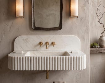 Calacatta Gold Fluted Marble Sink with Backsplash, Wall Mounted Marble Vanity, Luxury Bathroom Sink, Custom Stone Wash Basin