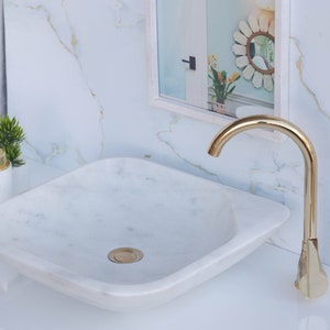 Weißer Marmor quadratisches Waschbecken, Gefäß, Waschbecken, handgemachtes Marmor-Badezimmer-Waschbecken, Naturstein-Waschbecken, weißes Marmor-Waschbecken