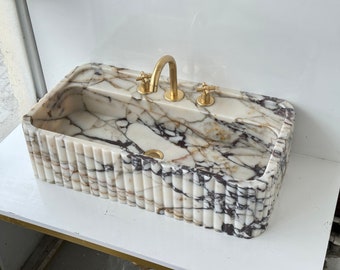 Lavabo de mármol Calacatta Viola con tres lados acanalados, lavabo de mármol, lavabo de mármol personalizado, lavabo de mármol tallado a mano, lavabo de pared