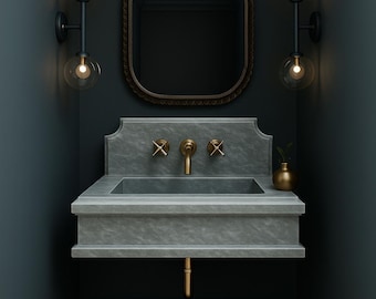 Afyon Gray Marble Sink, Wall Mount Sink With Backsplash, Custom Order Marble Sink, Hand Carved Bathroom Sink