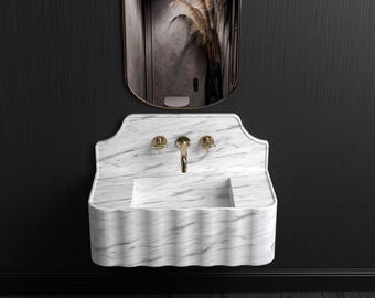 Lavabo de mármol blanco de Carrara con protector contra salpicaduras, lavabo de mármol para montaje en pared, lavabo de mármol a medida, lavabo de mármol tallado a mano, lavabo de baño de lujo