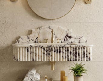 Calacatta Viola Fluted Marble Sink with Ornate Backsplash, Wall Mounted Stone Vanity, Luxury Bathroom Sink, Custom Marble Wash Basin