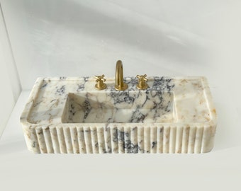 Calacatta Viola Marble Sink With Fluted Design, Wall Mount Marble Sink, Custom Marble Sink, Hand Carved Marble Wash Basin