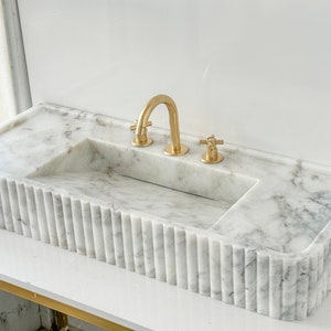 Rechteckiges weißes Marmorwaschbecken Calacatta, Marmorwaschbecken, Waschbecken aus Naturstein, Luxusdesign-Badezimmer, versteckter Abfluss