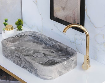 Grey Marble rectangle Sink, Vessel, Wash Basin,Handmade Marble Bathroom Vanity Sink, Natural stone bathroom sink,White marble sink