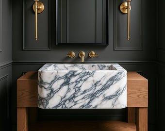 Calacatta Viola Marble Sink: Hand Carved Wall Mount Basin (24x20x10 inches)