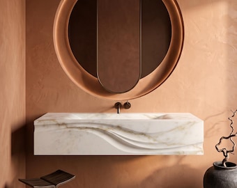 Calacatta Gold Marble Sink, Sculptural Wall Mounted Vanity, Luxury Floating Stone Basin, Handmade Custom Bathroom Sink