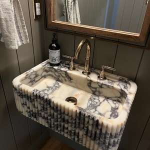 Hand Carved Calacatta Viola Marble Sink: Ribbed Wall Mount Basin