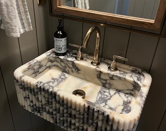 Calacatta Viola Marble Sink With Ribbed on Three Side, Marble Sink, Custom Order Marble Sink, Hand Carved Marble Sink, Wall Mount Sink