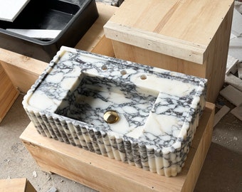 Hand Carved Calacatta Viola Marble Sink: Ribbed Wall Mount Basin