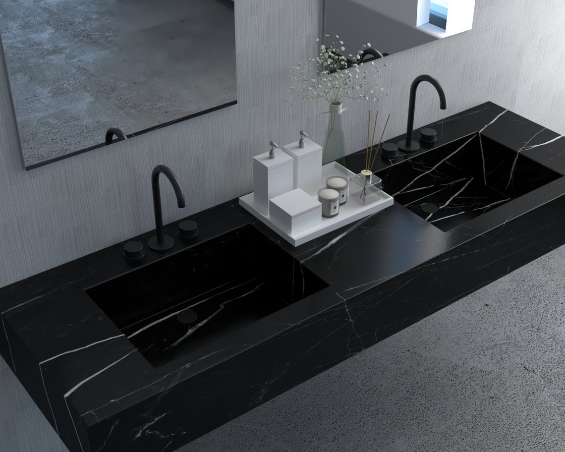 Black Marble Double Bathroom Sink, Luxury Interior Bathroom Handmade ...