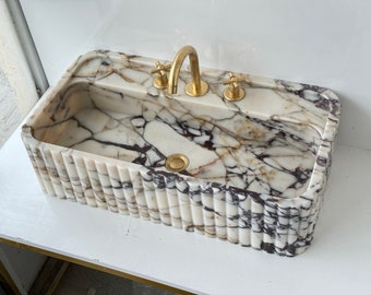 Hand Carved Calacatta Viola Marble Sink: Ribbed Wall Mount Basin