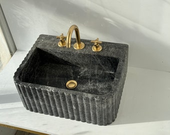 Hand Carved Black Marble Sink: Ribbed Wall Mount Basin (22x16x8 inches)