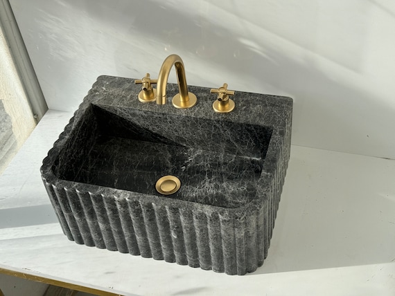marble♡ OUBONI Black Marbling Pattern Vessel Sink with Waterfall
