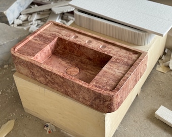 Red Travertine Marble  Sink With Ribbed on Three Side, Marble Sink, Custom Order Marble Sink, Hand Carved Marble Sink, Wall Mount