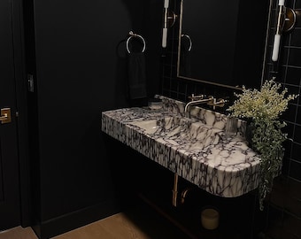 Calacatta Viola Marble Sink With Ribbed on Three Side, Marble Sink, Custom Order Marble Sink, Hand Carved Marble Sink, Wall Mount Sink
