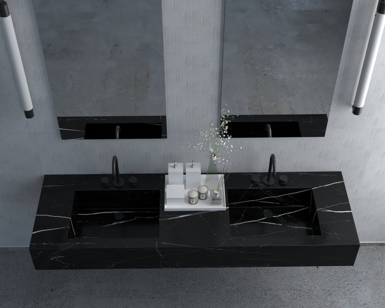 Black Marble Double Bathroom Sink, Luxury Interior Bathroom Handmade ...