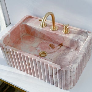 Pink Marble Sink With Ribbed on Three Side, Marble Sink, Custom Order Marble Sink, Hand Carved Marble Sink, Wall Mount Sink in Stock