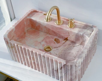 Pink Marble Sink With Ribbed on Three Side, Marble Sink, Custom Order Marble Sink, Hand Carved Marble Sink, Wall Mount Sink in Stock