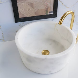 Weißer Marmor Counter Top rund, Gefäß, Waschbecken, handgemachter Marmor Badezimmer Waschtisch, Naturstein Waschbecken, Weißer Marmor Waschbecken