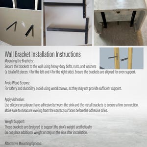 Op de afbeelding: Installatie-instructies voor wandbeugels. De instructies bevatten informatie over het monteren van de beugels, het vermijden van houten schroeven, het aanbrengen van lijm en gewichtsondersteuning. De instructies noemen ook alternatieve montageopties, zoals het gebruik van metalen poten of het plaatsen van de beugels op een kast.