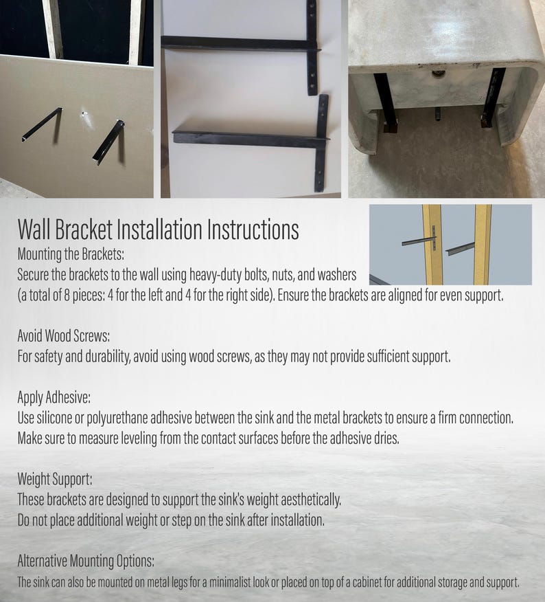 Op de afbeelding: Installatie-instructies voor wandbeugels. De instructies bevatten informatie over het monteren van de beugels, het vermijden van houten schroeven, het aanbrengen van lijm en gewichtsondersteuning. De instructies noemen ook alternatieve montageopties, zoals het gebruik van metalen poten of het plaatsen van de beugels op een kast.