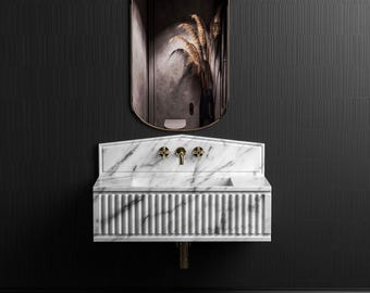 Lavabo de mármol blanco de Carrara con protector contra salpicaduras, lavabo de mármol para montaje en pared, lavabo de mármol a medida, lavabo de mármol tallado a mano.