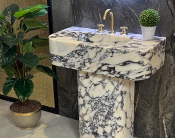 Calacatta Viola Marble Sink: Hand Carved Bathroom Vanity - 31" x 16" x 8"
